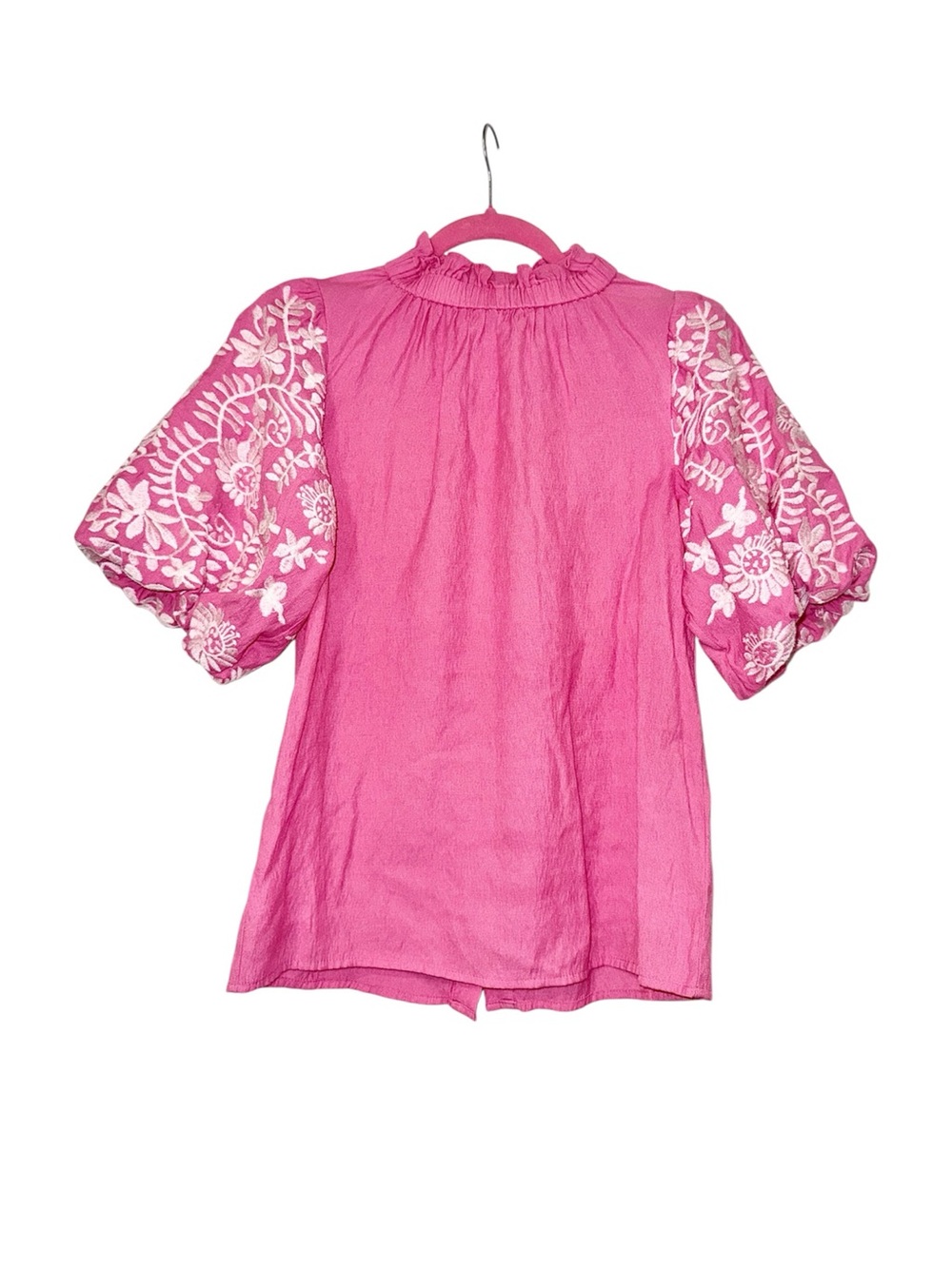 THML Bubblegum-Pink Puff Sleeve White Embroidery Ruffle-Neckline Blouse, XS, EUC